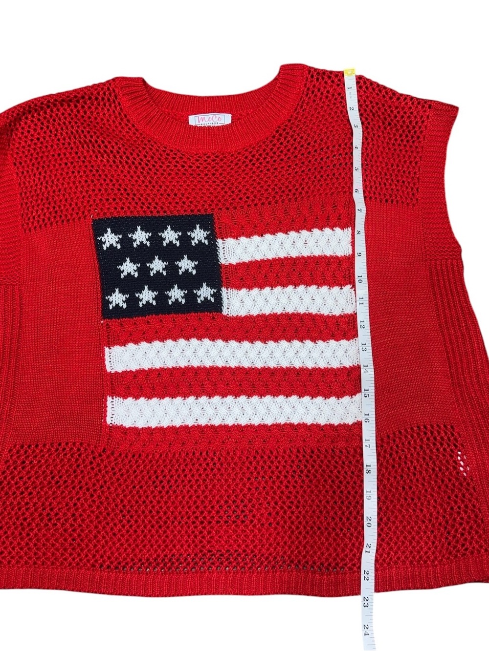 MOCO Boutique Red American Flag Patriotic Open Knit Short Sleeve Sweater Top XL - Picture 4 of 7